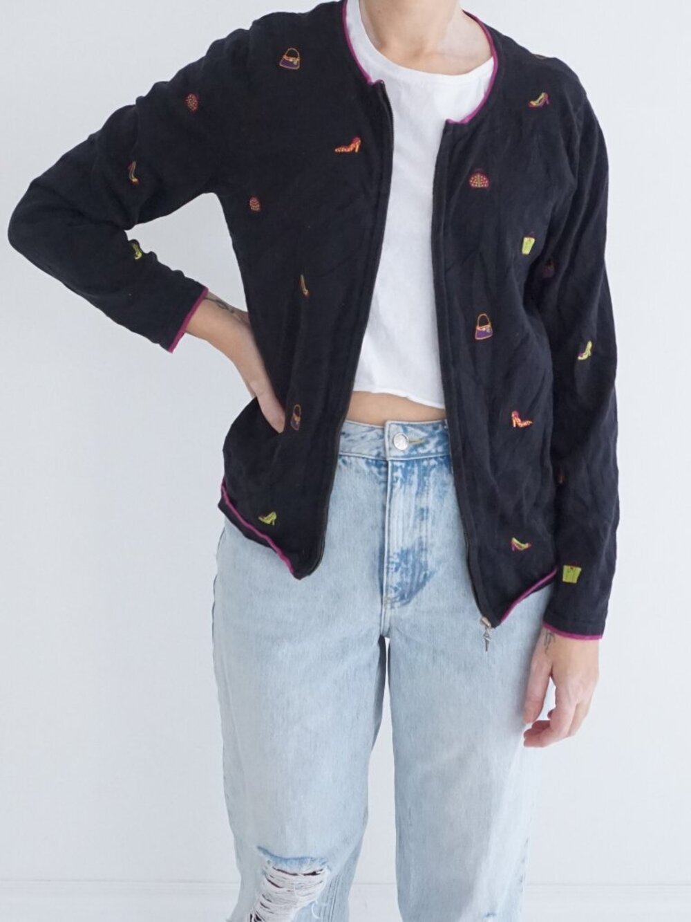 Christopher Banks Black Shoe Handbag Hat Embroidered Zip Front Knit Cardigan M